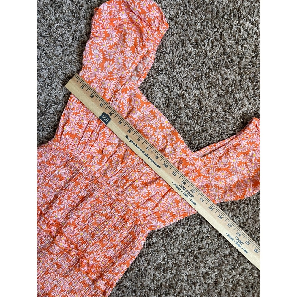 Sim & Sam Womens Small Dress Orange Daisy Floral Smocked Puff Sleeve Mini - Picture 7 of 11